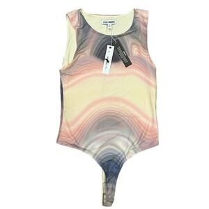 NWT STEVE MADDEN Mesh‎ Bodysuit Abstract Swirl Print Sleeveless Thong Size S